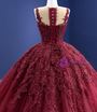 Burgundy Ball Gown Tulle Appliques Beading Prom Dress