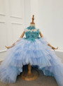 Sky Blue Tulle High Neck Appliques Beading Flower Girl Dress