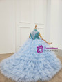 Sky Blue Tulle High Neck Appliques Beading Flower Girl Dress