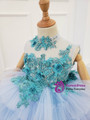 Sky Blue Tulle High Neck Appliques Beading Flower Girl Dress