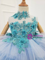 Sky Blue Tulle High Neck Appliques Beading Flower Girl Dress