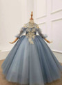 Blue Tulle High Neck Long Sleeve Appliques Flower Girl Dress
