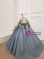 Blue Tulle High Neck Long Sleeve Appliques Flower Girl Dress