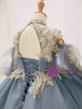 Blue Tulle High Neck Long Sleeve Appliques Flower Girl Dress