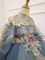 Blue Tulle High Neck Long Sleeve Appliques Flower Girl Dress
