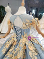 Blue Tulle Lace Gold Appliques Pearls Flower Girl Dress