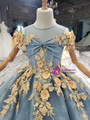 Blue Tulle Lace Gold Appliques Pearls Flower Girl Dress