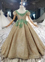 Gold Sequins Puff Sleeve Green Beading Flower Girl Dress