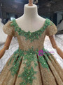 Gold Sequins Puff Sleeve Green Beading Flower Girl Dress