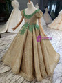 Gold Sequins Puff Sleeve Green Beading Flower Girl Dress
