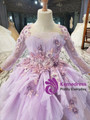 Purple Tulle Long Sleeve 3D Appliques Flower Girl Dress
