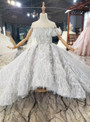 Gray Hi Lo Tulle Feather Beading Feather Flower Girl Dress