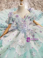 Green Tulle Short Sleeve Appliques Pearls Flower Girl Dress