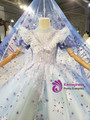 Blue Tulle High Neck Puff Sleeve Appliques Flower Girl Dress
