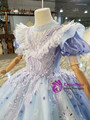 Blue Tulle High Neck Puff Sleeve Appliques Flower Girl Dress