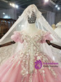 Pink Sequins Tulle Puff Sleeve Beading Crystal Flower Girl Dress