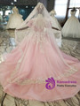 Pink Sequins Tulle Puff Sleeve Beading Crystal Flower Girl Dress