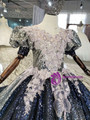 Navy Blue Sequins Puff Sleeve Appliques Flower Girl Dress