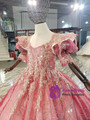 Watermelon Red Puff Sleeve Sequins Beading Flower Girl Dress