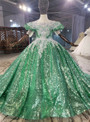 Green Sequins Puff Sleeve Appliques Flower Girl Dress

