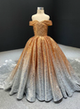 Gold Silver Sequins Off the Shoulder Flower Girl Dress