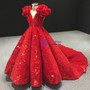 Red Sequins V-neck Ruffle Flower Girl Dress With Train