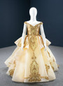 Gold Ball Gown Sequins Appliques Off the Shoulder Flower Girl Dress