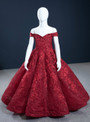 Burgundy Lace Sequins Appliques Off the Shoulder Flower Girl Dress