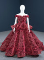 Burgundy Off the Shoulder 3D Appliques Flower Girl Dress