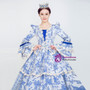 Blue Long Sleeve Satin Print Victorian Rococo Dress