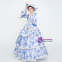 Blue Long Sleeve Satin Print Victorian Rococo Dress