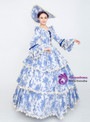 Blue Long Sleeve Satin Print Victorian Rococo Dress
