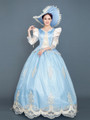 Blue Satin Long Sleeve Appliques Baroque Victorian Dress