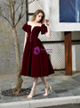 Burgundy Velvet Puff Sleeve Tea Length Prom Dress