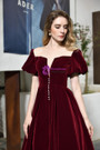 Burgundy Velvet Puff Sleeve Tea Length Prom Dress