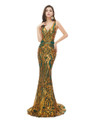 Green Mermaid Deep V-neck Gold Sequins Prom Dress