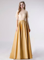 Gold High Neck Satin Short Sleeve Beading Long Prom Dress