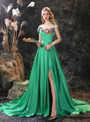 Green Satin Spaghetti Straps Embroidery Flower Prom Dress