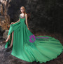 Green Satin Spaghetti Straps Embroidery Flower Prom Dress