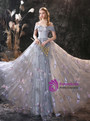 Gray Tulle Dragonfly Embroidery Sequins Long Prom Dress