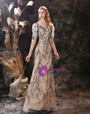 Dark Champagne Tulle Embroidery Sequins Puff Sleeve Prom Dress
