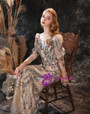 Dark Champagne Tulle Embroidery Sequins Puff Sleeve Prom Dress