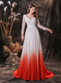 White Satin Chiffon Deep V-neck Long Sleeve Prom Dress