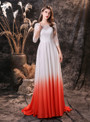 White Gradient Satin Lace Chiffon 3/4 Sleeve Prom Dress