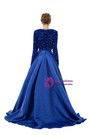Royal Blue Satin Sequins Deep V-neck Long Sleeve Prom Dress