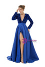 Royal Blue Satin Sequins Deep V-neck Long Sleeve Prom Dress