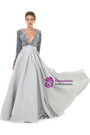 Silver Gray Satin Sequins Deep V-neck Long Sleeve Prom Dress
