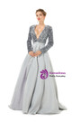 Silver Gray Satin Sequins Deep V-neck Long Sleeve Prom Dress