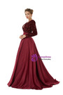 Burgundy Satin Sequins Deep V-neck Long Sleeve Prom Dress
