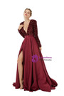 Burgundy Satin Sequins Deep V-neck Long Sleeve Prom Dress